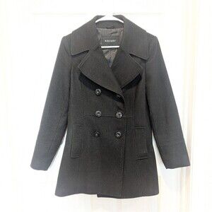 Nine West Size 6 Black Wool Fit And Flare Pea Coat Wool Blend Double Breasted